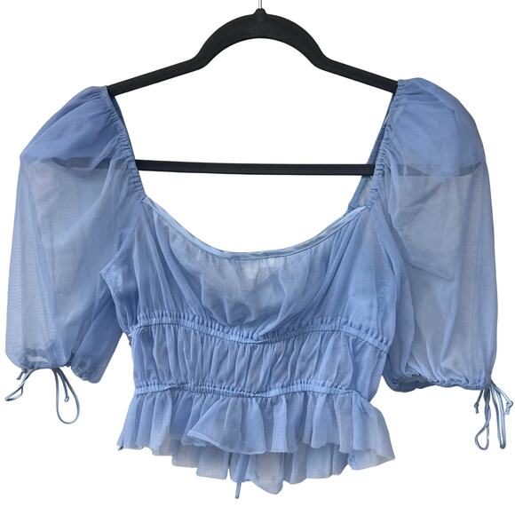 For Love & Lemons Sunshine Sheer Mesh Puff Sleeve Crop Top Light Blue NWOT Small - Picture 5 of 9